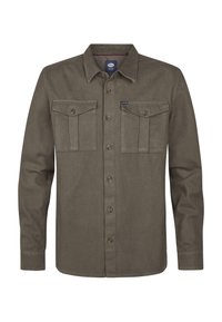 Olive green long-sleeve shirt made of soft fabric, featuring a shirt collar, button closure, and two chest pockets with flaps.