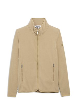 Beige fleecejacka med hög krage, fullständig blixtlås framtill och sidofickor med dragkedja; har en subtil strukturerad yta och logotypmärke.