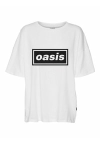 Balta per didelė t-shirt su juodu stačiakampiu grafiku, kuriame žodis "oasis" juodu šriftu. Minkšta medvilnė, trumpomis rankovėmis.