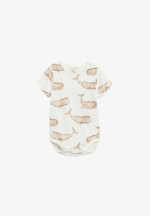 Hvid kortærmet baby-body med brune hvalillustrationer og trykknapper i bunden og på skulderen.