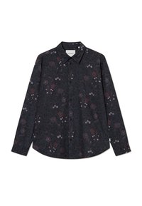 Μακρυμάνικη μπλούζα σε σκούρο ύφασμα με λουλουδάτα μοτίβα σε αποχρώσεις του μωβ, κόκκινου και λευκού. Διαθέτει γιακά με κουμπιά και κουμπιά μπροστά.