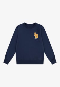 Námornícka modrá mikina vyrobená z bavlnenej zmesi, s rebrovanými rukávmi a spodným okrajom, s vyšitým logom "LS" a textom "Levi's" v žltej farbe.