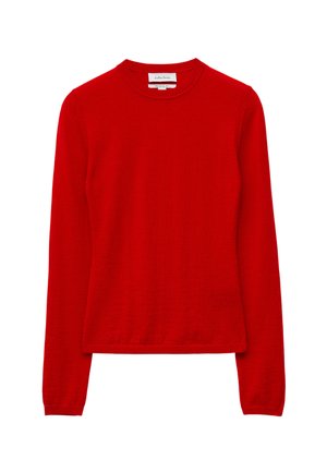 Roter Langarmpullover mit rundem Halsausschnitt, gefertigt aus einem weichen Strickmaterial, mit geradem Schnitt und minimalen Nähten.