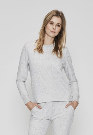 Lys grå sweatshirt i et blødt, struktureret stof med rund hals og lange ærmer, parret med matchende sweatpants med snøre i taljen.