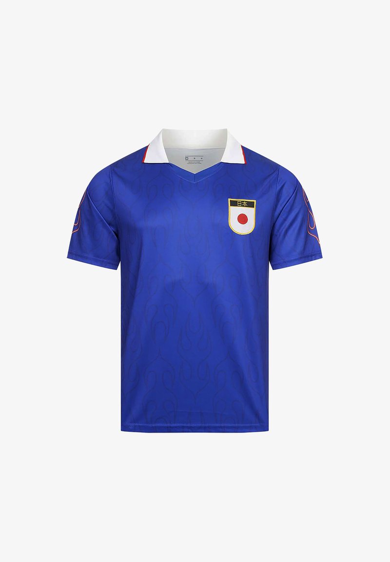 Blue sports jersey with white collar, red trim, subtle flame pattern, and Japan flag patch on the chest.