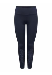 Leggings atletici blu navy con vita alta, motivo testurizzato sulle gambe inferiori e finitura liscia. Progettati per comfort e attività.