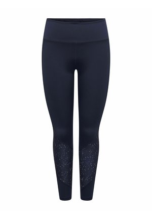 Marineblauwe sportleggings met een hoge tailleband, een gestructureerd patroon op de onderbenen en een gladde afwerking. Ontworpen voor comfort en activiteit.