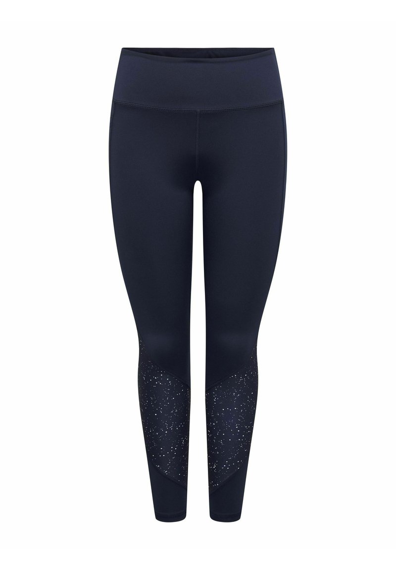Leggings atletici blu navy con vita alta, motivo testurizzato sulle gambe inferiori e finitura liscia. Progettati per comfort e attività.