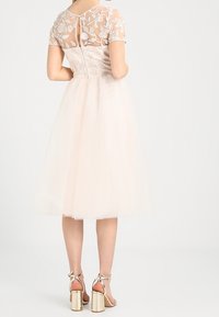 Light pink tulle dress with floral lace bodice and short sleeves. Features a sheer back and zipper closure. Paired with gold heeled sandals.