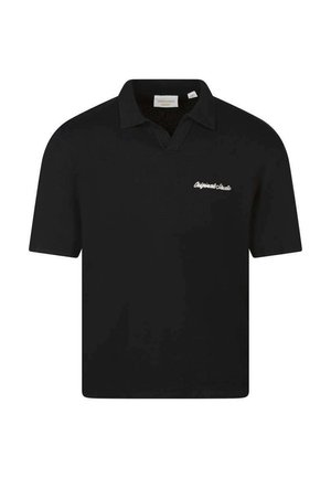 Polo noir à manches courtes avec col, avec le texte blanc "Original Studios" brodé sur la poitrine gauche.