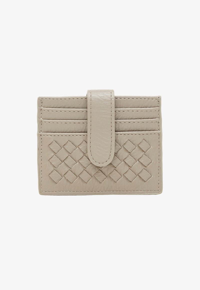 Beige leather cardholder with woven texture, featuring a magnetic closure and multiple card slots on the front. Smooth finish, compact design.