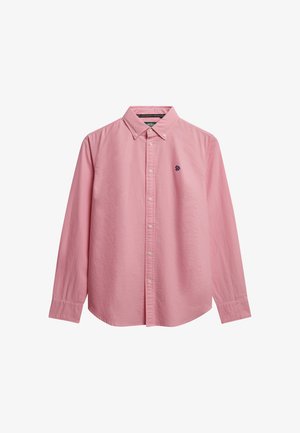 Lichtroze, lange mouwen knoopsluiting met een button-down kraag en geborduurd marineblauw logo op de borst, met een ontspannen pasvorm en textuurstof.