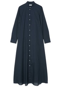 Granatowa długa sukienka z długim rękawem, z guzikiem i kołnierzykiem, z pełnym zapięciem na guziki i mankietami.