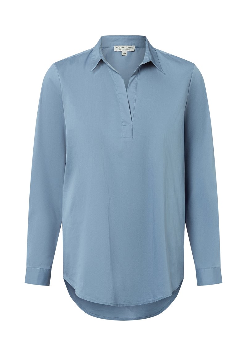 Blusa azzurro chiaro a maniche lunghe con colletto a punta, scollatura a V e orlo curvo. Realizzata in un tessuto morbido con una vestibilità comoda.