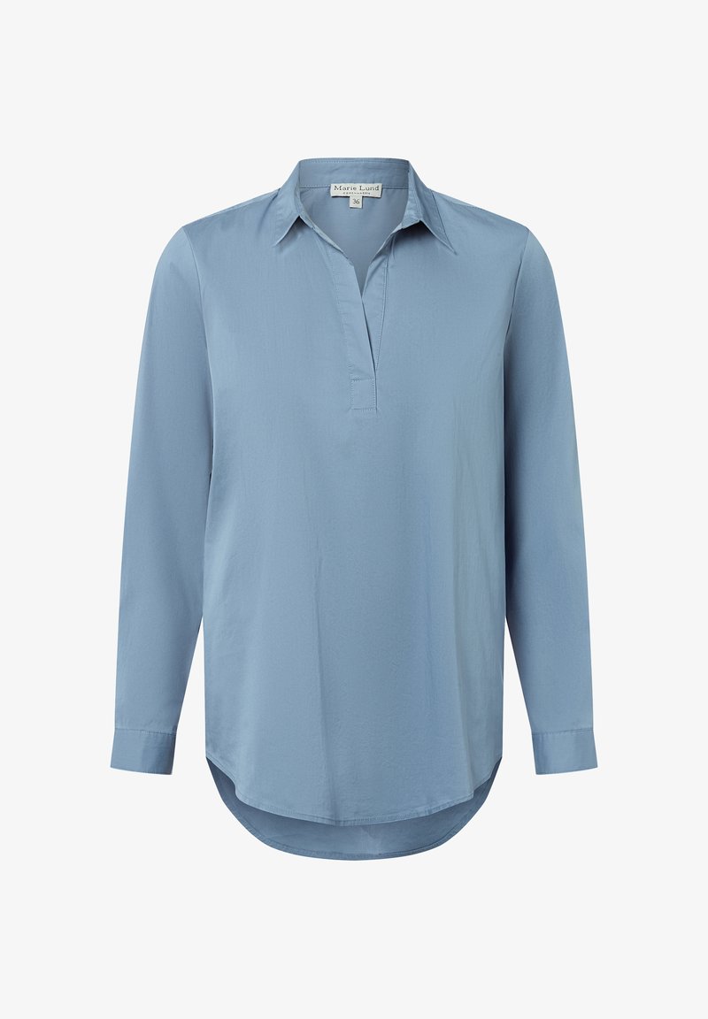Blusa azzurro chiaro a maniche lunghe con colletto a punta, scollatura a V e orlo curvo. Realizzata in un tessuto morbido con una vestibilità comoda.