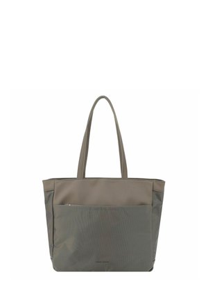 Grå og taupe shopper taske med dobbelte håndtag og en front lynlåslomme, stående oprejst på en hvid baggrund.
