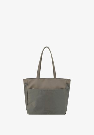 Bolso tote gris y topo con asas dobles y un bolsillo delantero con cremallera, colocado en posición vertical sobre un fondo blanco.