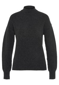 Maglione grigio scuro a maglia con collo alto, maniche lunghe e polsini a coste. La texture appare morbida e accogliente.
