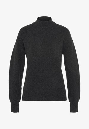 Suéter de punto gris oscuro con cuello alto, mangas largas y puños acanalados. La textura parece suave y acogedora.