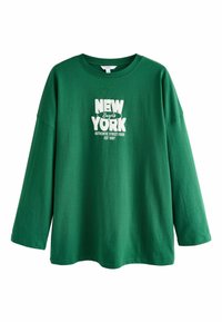 Zeleni dukserica dugih rukava od pamuka. Ima bijeli grafički ispis koji kaže "NEW YORK Bagels AUTHENTIC STREET FOOD EST 1997."