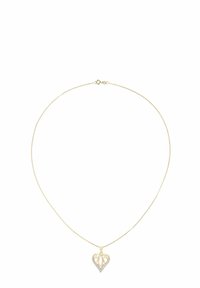 Auksinis vėrinys su širdies formos pakabuku, kuriame yra išpjovos dizainas ir įausti skaidrūs akmenys palei apatinį kraštą.