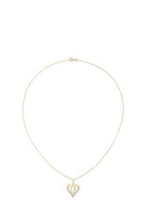 Naszyjnik w kolorze złota z zawieszką w kształcie serca, z ażurowym wzorem i osadzonymi przezroczystymi kamieniami wzdłuż dolnej krawędzi.