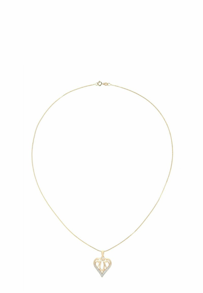 Auksinis vėrinys su širdies formos pakabuku, kuriame yra išpjovos dizainas ir įausti skaidrūs akmenys palei apatinį kraštą.