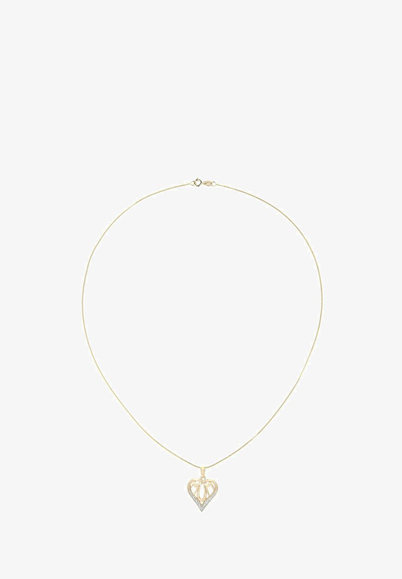 Auksinis vėrinys su širdies formos pakabuku, kuriame yra išpjovos dizainas ir įausti skaidrūs akmenys palei apatinį kraštą.