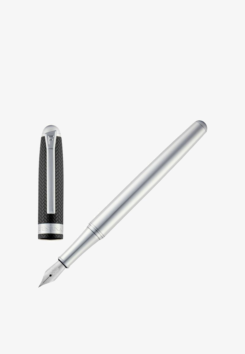 Silver fountain pen with textured black cap featuring a clip and "Festina" branding, shown uncapped on a white background.
