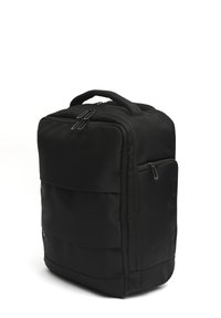 Black rectangular backpack with padded handle, multiple zippered compartments, and smooth fabric in a standing position on a white background.