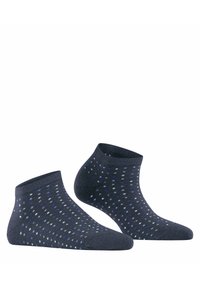 Dunkelblaue Knöchelsocken mit einem gepunkteten Muster in Hellblau und Grau. Hergestellt aus einem weichen Strickmaterial, verfügen sie über einen gerippten Bund am oberen Ende.