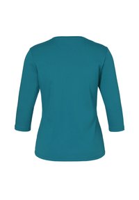 Türkisfarbendes Langarmshirt mit Rundhalsausschnitt, von hinten gezeigt, mit leicht tailliertem Schnitt und glattem Stoff.