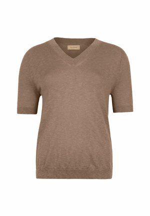Kortærmet, V-hals trøje i lysebrunt stof. Har en glat overflade og ribbede kanter og ærmer for et tætsiddende look.
