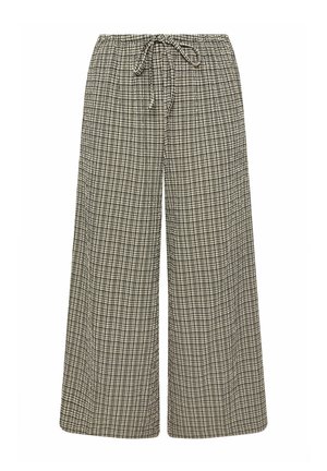 Weite Hosen aus einem karierter Stoff in Schwarz und Creme, ausgestattet mit einem elastischen Bund und einem Kordelzug zur Anpassung.