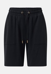 Shorts noirs jusqu'aux genoux avec taille élastique, cordon avec embouts métalliques et grandes poches plaquées à l'avant.