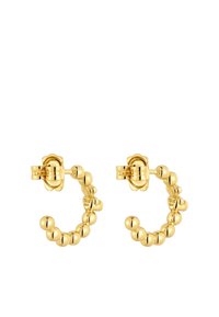 Pendientes de aro de oro con un diseño de cuentas, cierre articulado y superficie lisa y reflectante. Las cuentas redondas crean un aspecto texturizado.