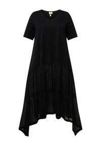 Schwarzes Kleid mit V-Ausschnitt, kurzen Ärmeln und einem fließenden, geschichteten Saum. Hergestellt aus weichem Stoff mit einem strukturierten, leichten unteren Teil.