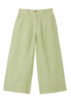 Laiade säärega helerohelised linased püksid ees voldid, küljetaskud, vööaugud ja üks pruun nööp vöökohal.