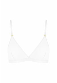 Bralette triangle blanc avec des fines bretelles, présentant des accents jaunes au niveau des jonctions des bretelles. Fabriqué en matériau doux et extensible. Sans armatures.