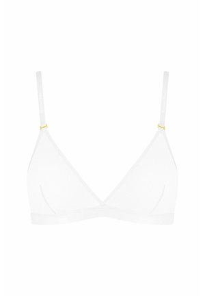 Weißes Dreiecks-Bralette mit dünnen Trägern, verziert mit gelben Akzenten an den Trägerverbindungen. Hergestellt aus weichem, dehnbaren Material. Ohne Bügel.