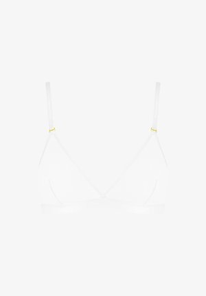 Weißes Dreiecks-Bralette mit dünnen Trägern, verziert mit gelben Akzenten an den Trägerverbindungen. Hergestellt aus weichem, dehnbaren Material. Ohne Bügel.