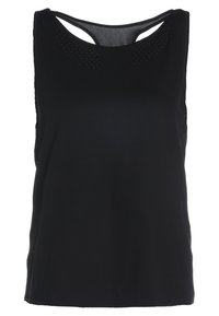 Top nero senza maniche con scollatura arrotondata, dettagli leggermente trasparenti sul retro e una texture liscia; tessuto leggero adatto per essere stratificato.
