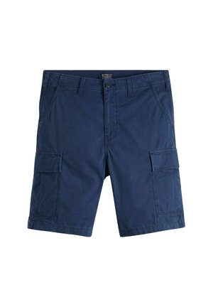 Laivastonsiniset puuvillaiset cargo-shortsit. Niissä on useita taskuja, napillinen etuosa ja vyölenkit. Pinta on sileä ja leikkaus suora.