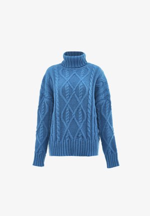 Svijetloplavi džemper od pletene tkanine s visokim okovratnikom, sa strukturiranim uzorcima i rebrastim manžetama i donjim dijelom.