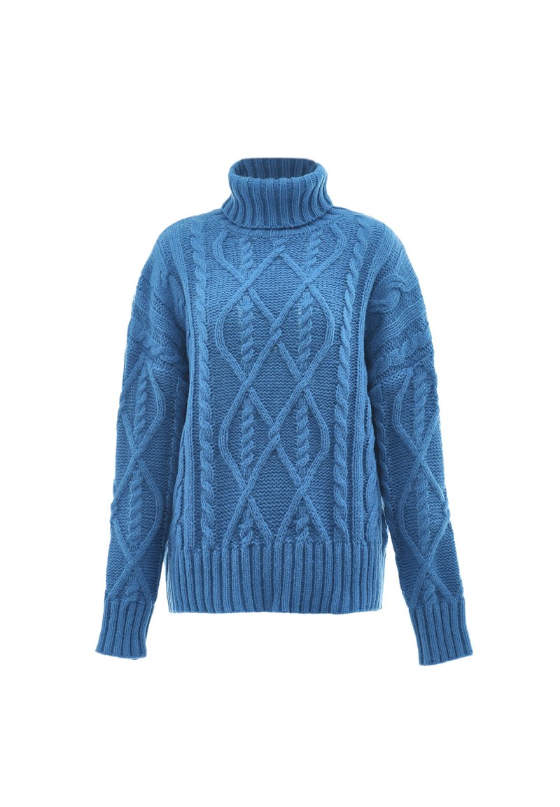 Pulover bleu deschis tricotat cu un guler înalt, având modele texturate și manșete și tiv cu nervuri.