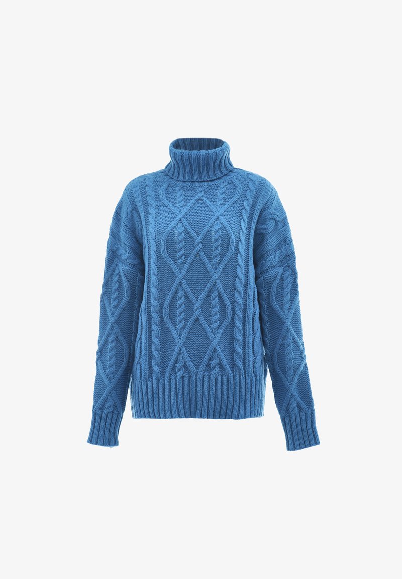 Maglione azzurro chiaro a maglia con colletto alto, caratterizzato da motivi testurizzati e polsini e orlo a coste.