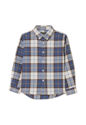 Camisa de cuadros en azul, marrón y crema de manga larga con cuello abotonado y cierre de botones; presenta un dobladillo curvo y costuras en contraste.