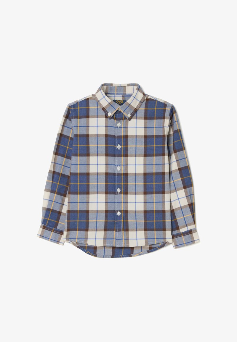 Chemise à manches longues en vichy bleu, marron et crème avec col boutonné et fermeture à boutons ; présente un ourlet arrondi et des coutures contrastantes.