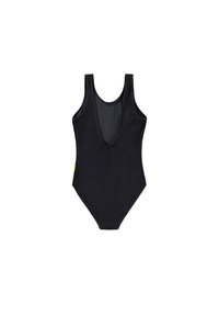 Svart ribbet ettbitarssvømmedrakt med dyp V-halslinje, tankstropper og lav rygg. Har et lite gult merke på siden.