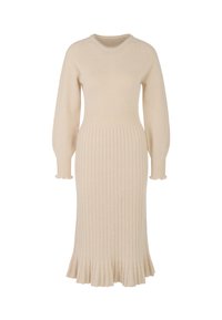Beiges geripptes Strickkleid mit langen Ärmeln, tailliertem Oberteil, ausgestelltem Saum und Rüsche an den Ärmeln, hergestellt aus weichem Material mit horizontalen und vertikalen Mustern.